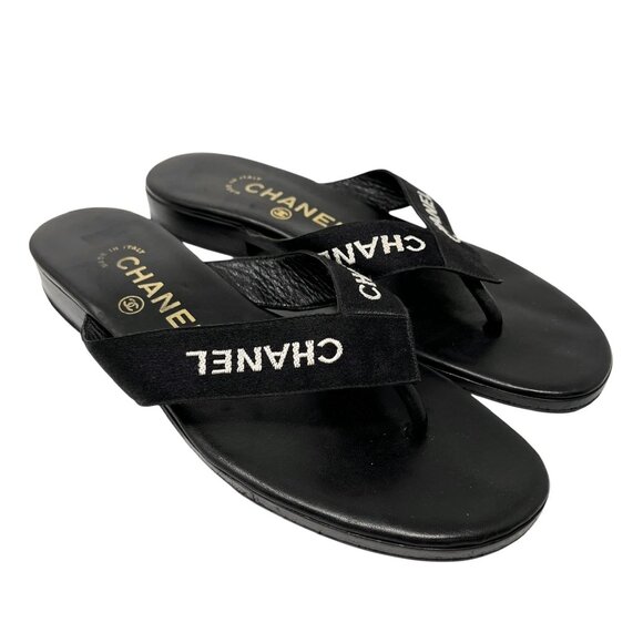 CHANEL Vintage CC Mark Logo Flip-Flops Sandals #37 Flat Black Leather [105975] - Picture 1 of 12